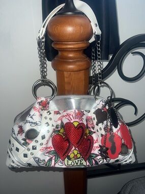 Rare Ed Hardy White and Red Heart Sequin Shoulder Bag